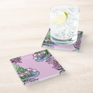 Folk Art Birds Flowers Acorns Glass Coaster