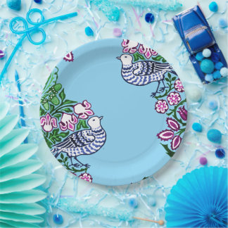 Folk Art Birds Flowers Acorns Paper Plate