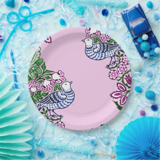 Folk Art Birds Flowers Acorns Paper Plate
