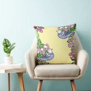 Folk Art Birds Flowers Acorns Throw Pillow