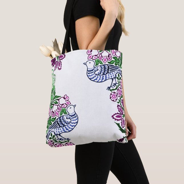 Folk Art Birds Flowers Acorns Tote Bag (Close Up)