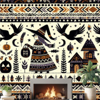 Folk Art Black Birds Pumpkins Witch Haunted House 