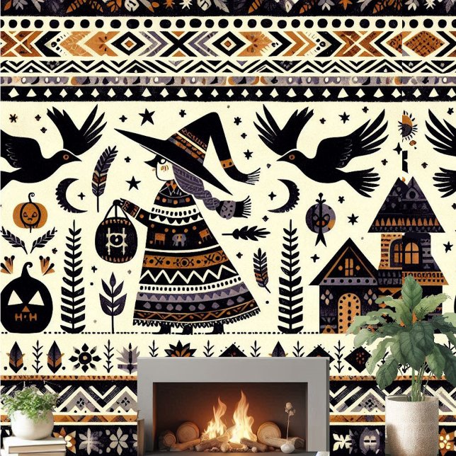 Folk Art Black Birds Pumpkins Witch Haunted House  Wallpaper (Folk Art Black Birds Pumpkins Witch Haunted House Wallpaper )