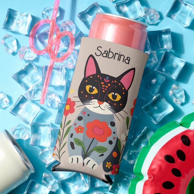 Folk Art Black Cat and Flowers Personalized Seltzer Can Cooler (In Situ Summer)