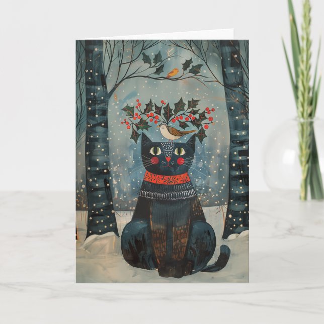 Folk Art Black Cat Notecard - Stationary (Front)