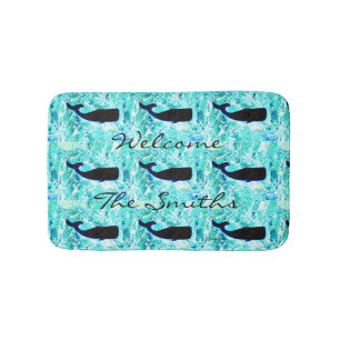folk art black whales on blue Thunder_Cove Bath Mat