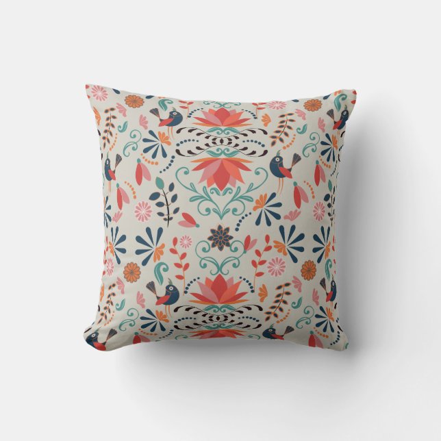 Folk art blue birds red floral pattern throw pillow (Front)