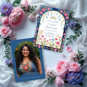 Folk Art Blue Shades Spanish Mexican XVs Floral Invitation