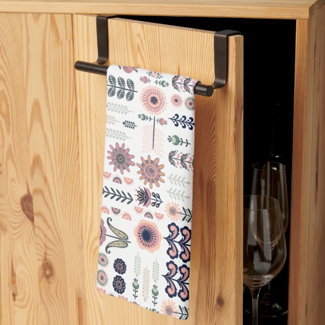 Folk Art Botanical Seamless Pattern Kitchen Towel (Thirds Fold)
