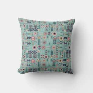 Folk Art Botanical Seamless Pattern Throw Pillow