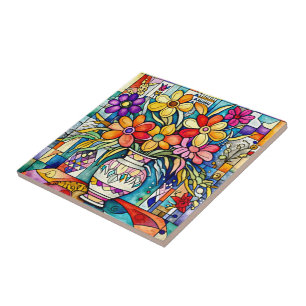 Folk Art Bouquet Ceramic Tile