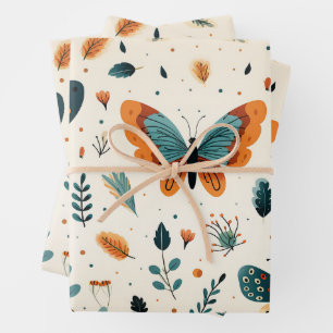 Folk Art Butterflies with Teal and Terracotta Wrapping Paper Sheet
