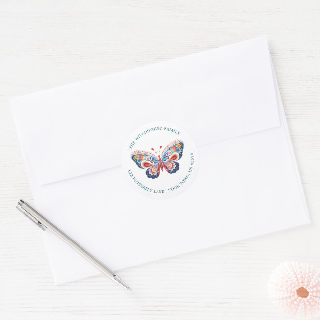 Folk Art Butterfly New Address  Classic Round Sticker (Envelope)