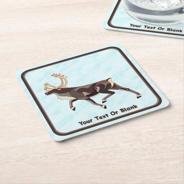 Folk Art Caribou/Reindeer Square Paper Coaster (Angled)