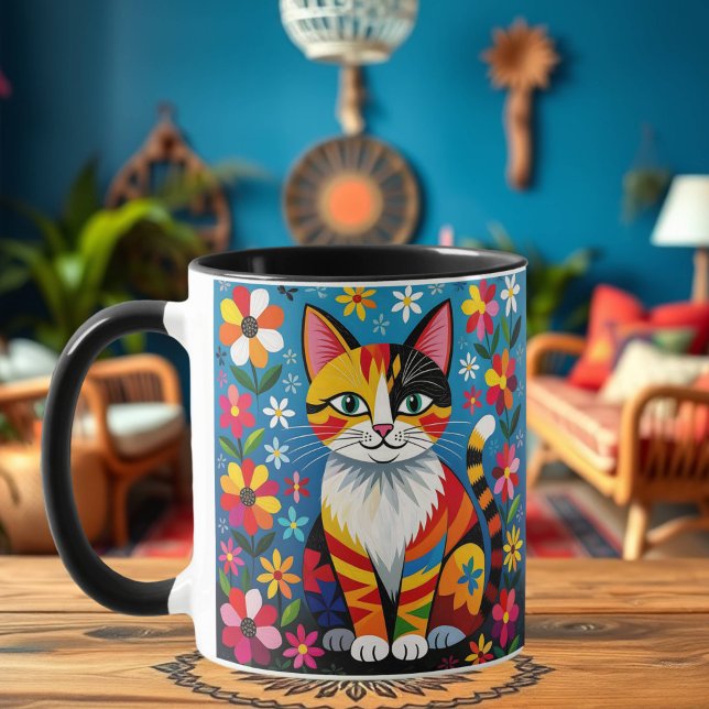 Folk Art Cat, Flowers & Butterfly Personalized Mug (Creator Uploaded)