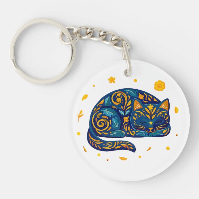 Folk Art Cat in Blue Keychain (Front)