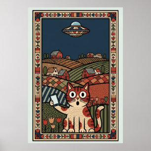 Folk Art Cat with UFO in Countryside Whimsical Poster