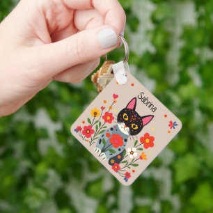 Folk Art Cats and Flowers Personalized Keychain