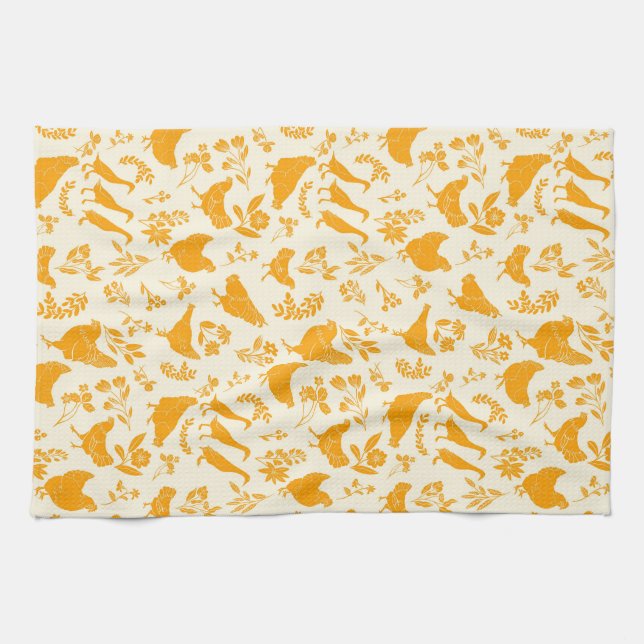 Folk Art Chickens & Ducks in Goldenrod Yellow Kitchen Towel (Horizontal)