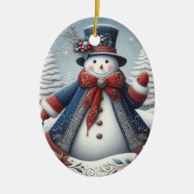 Folk Art Christmas Snowman Ceramic Ornament (Front)