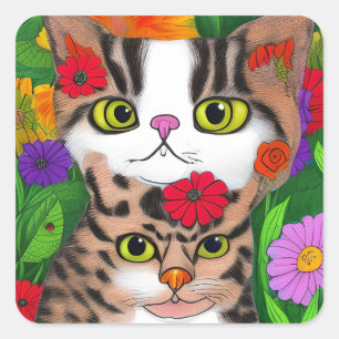 Folk Art Colorful Cat and Kitten Square Sticker