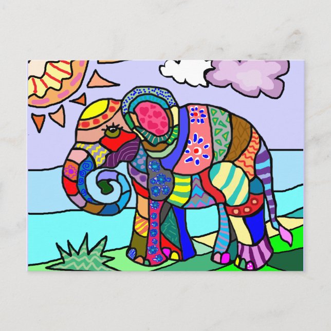 Folk art colourful artistic elephant painting postcard (Front)