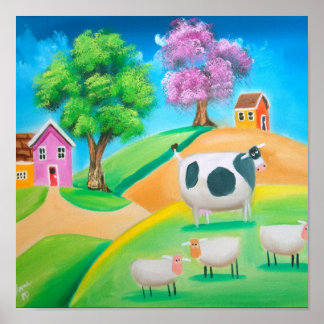 Folk art colourful cow and sheep painting poster