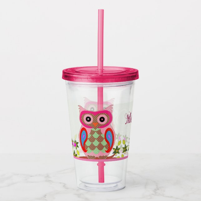 Folk Art Colourful Patchwork Owl Acrylic Tumbler (Front)