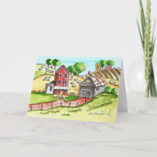 Folk Art Country Landscape Watercolor Print Card