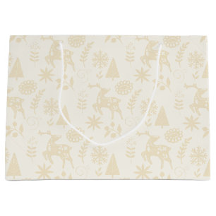 Folk Art Deer Botanical Ivory Large Gift Bag