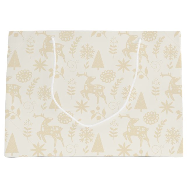 Folk Art Deer Botanical Ivory Large Gift Bag (Front)
