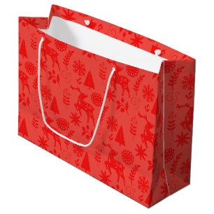 Folk Art Deer Botanical Red Large Gift Bag
