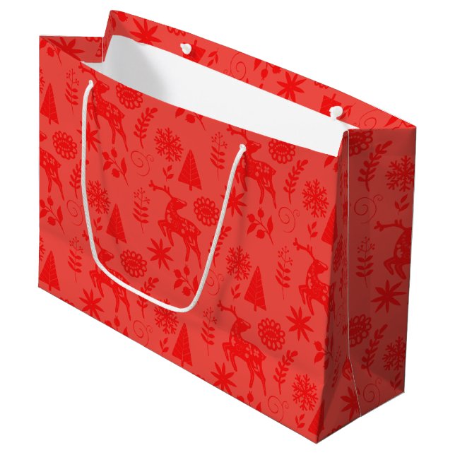 Folk Art Deer Botanical Red Large Gift Bag (Front Angled)