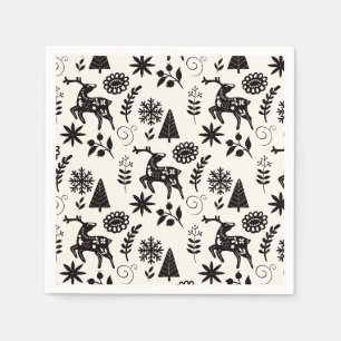 Folk Art Deer Forest Black and White Napkin