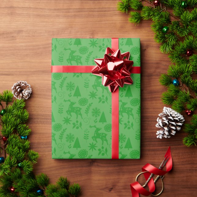 Folk Art Deer Forest Green Gift Wrapping Paper (Holiday Gift)