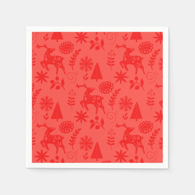 Folk Art Deer Forest Red Napkin (Front)
