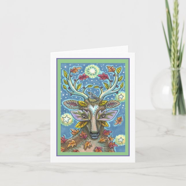 FOLK ART DEER IN AUTUMN FOREST, BIRD NEST Blank Card (Front)