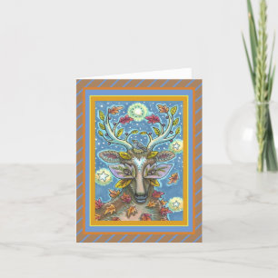 FOLK ART DEER IN AUTUMN FOREST, BIRD NEST Blank Card