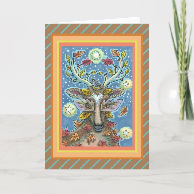 FOLK ART DEER IN AUTUMN FOREST, BIRD NEST & MOON CARD (Front)