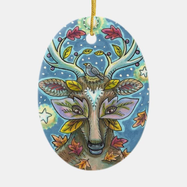 FOLK ART DEER IN AUTUMN FOREST, BIRD NEST & MOON CERAMIC ORNAMENT (Front)