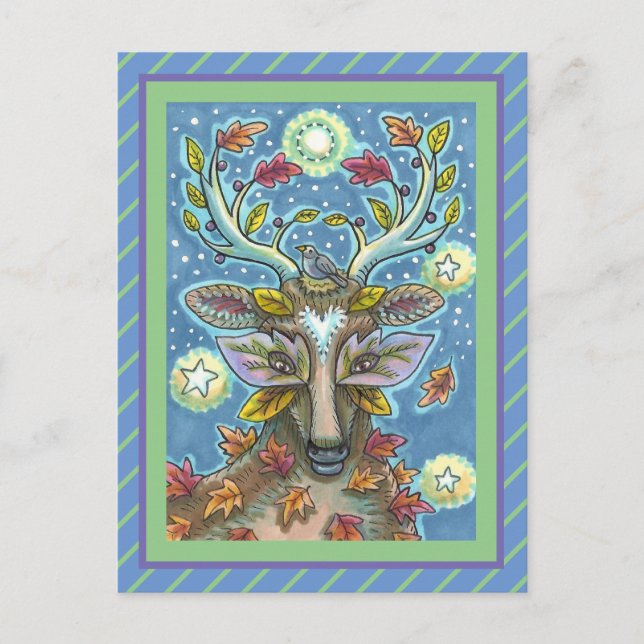 FOLK ART DEER IN AUTUMN FOREST, BIRD NEST & MOON POSTCARD (Front)