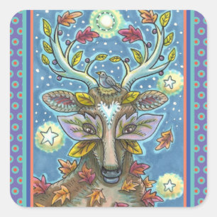 FOLK ART DEER IN AUTUMN FOREST, BIRD NEST & MOON SQUARE STICKER