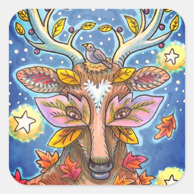 FOLK ART DEER IN AUTUMN FOREST, BIRD NEST & MOON SQUARE STICKER (Front)