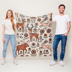 Folk Art Deer Moose Hare Nordic Forest Blanket