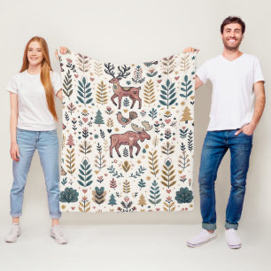 Folk Art Deer Moose Sparrow Nordic Forest Blanket