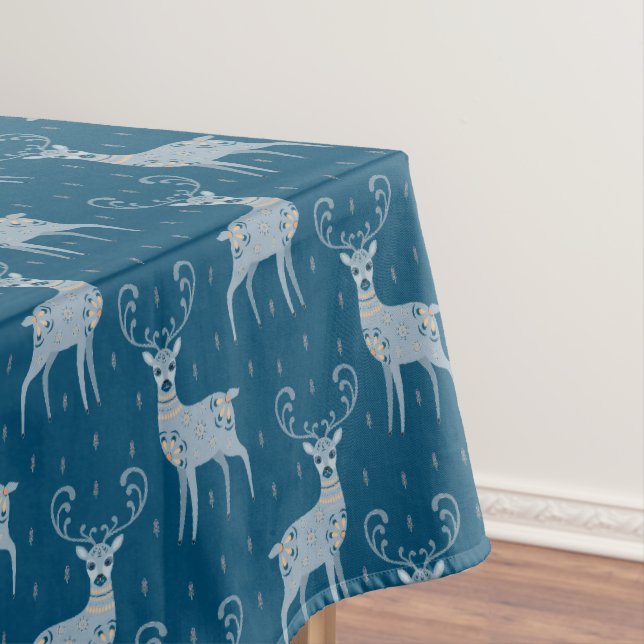 Folk Art Deer on Blue  Holiday Tablecloth (In Situ)