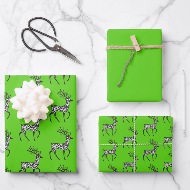 Folk Art Deer Pattern Wrapping Paper Sheet (Front)