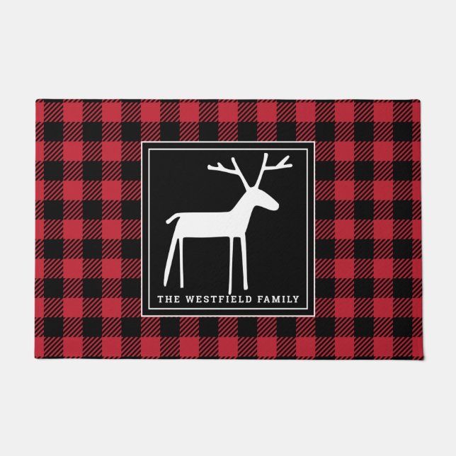 Folk Art Deer Red Black Buffalo Plaid Name Doormat (Front)