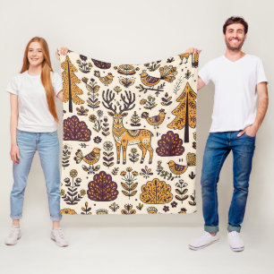 Folk Art Deer Robin Sparrow Nordic Forest Blanket