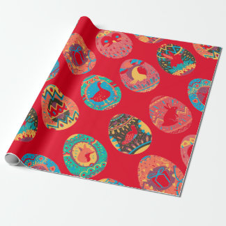 FOLK ART EASTER EGGS WRAPPING PAPER IN RED